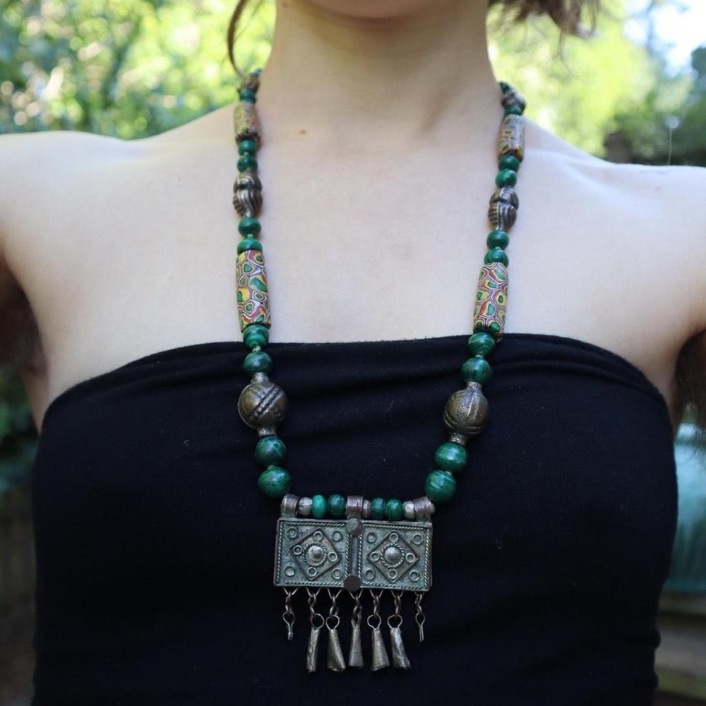 Malachite precious stone brass statement pendant necklace vintage antique boho